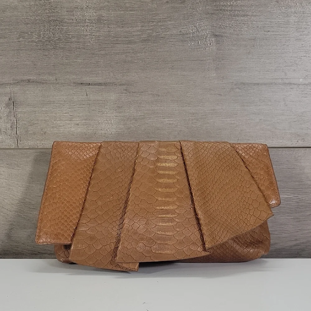 Henri Bendel Tan Snake Skin Embossed Leather Clutch Bag